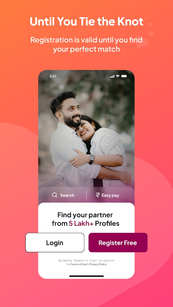 Nest Matrimony store promotion showing the welcome and registration screen