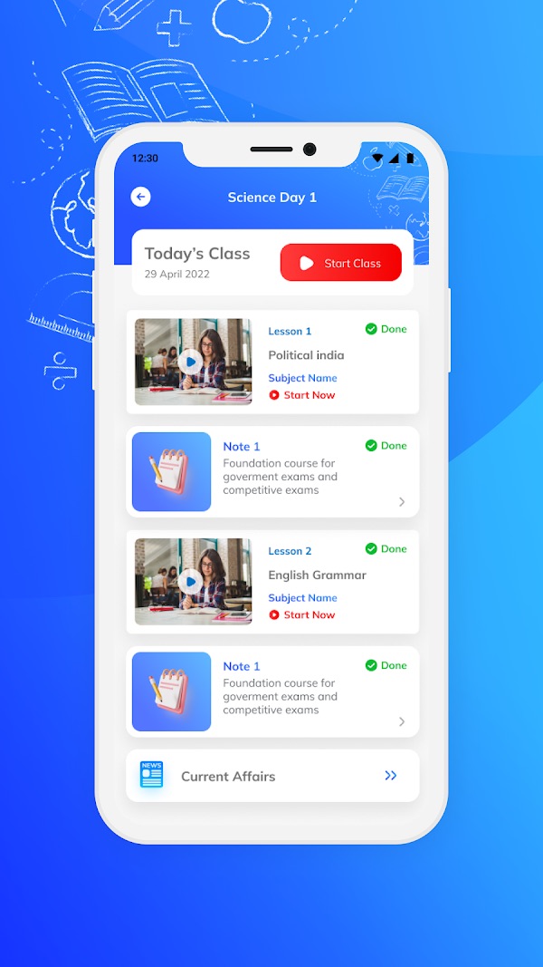 Testination store promotion showing a lesson list and completion indicators